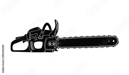 A stark black silhouette depicts a powerful gasoline powered chainsaw highlighting its sharp blade and mechanical form silhouette high quality professional detailed modern elegant