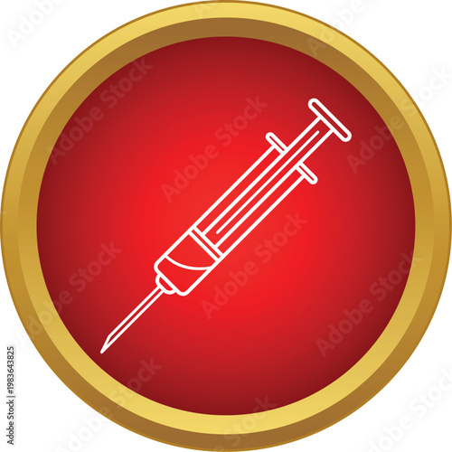 Syringe line icon representing medical care and injection on a red background