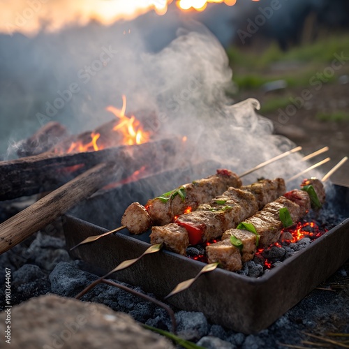 Delicious meat skewers grilling over hot coals at an outdoor campfire