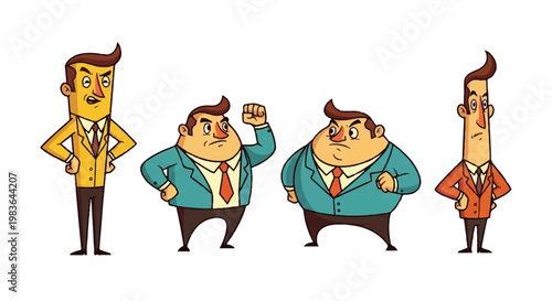 Cartoon business executives posing individually on white background