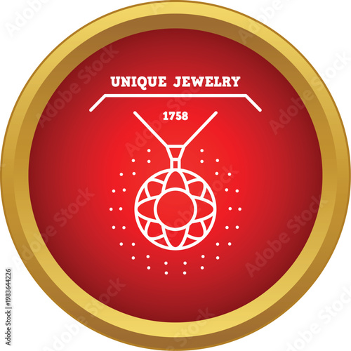 Gold framed red circle with white outline jewelry pendant and text