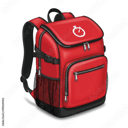 Red backpack with multiple compartments and mesh side pockets suitable for travel, school, and everyday use.