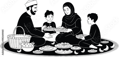 A smiling mother and daughter dressed as the Virgin Mary and Joseph enjoy a cartoon vector illustration of a family dinner with cake and wine at the kitchen table