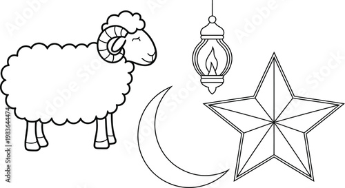 A funny cartoon sheep vector illustration set featuring black animal silhouettes and festive Christmas ornament designs for a decorative holiday card