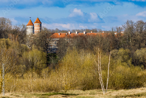 View of a historic Panemune castle with towers and red roof surrounded by trees and natural landscape. Scenic countryside scene with old architecture and woodland under blue sky.