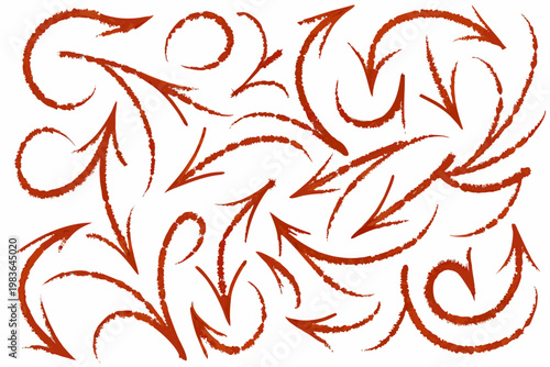 Abstract swirling arrows in reddish brown tones create a dynamic pattern