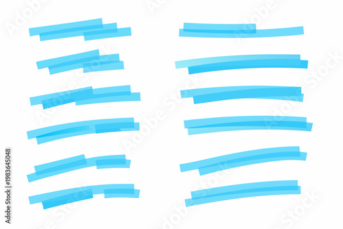 Collection of bright blue highlighter strokes and marks on white background
