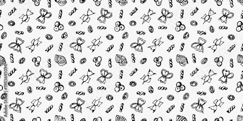 A seamless pattern of various hand drawn pasta shapes in black and white
