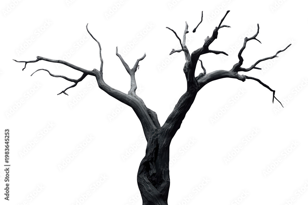 Fototapeta premium Gnarled dead tree with leafless branches showing decay, isolation, and a spooky, desolate winter silhouette on transparent background