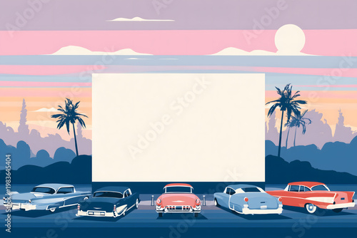 Retro Drive-In Cinema with Classic Cars and Palm Trees