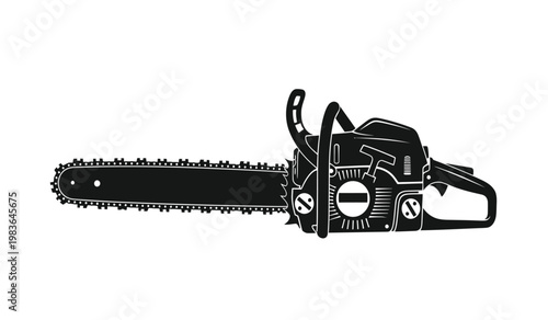 A detailed illustration depicts a black chainsaw laying horizontally against a white background showcasing its mechanical components a striking silhouette high quality professional modern