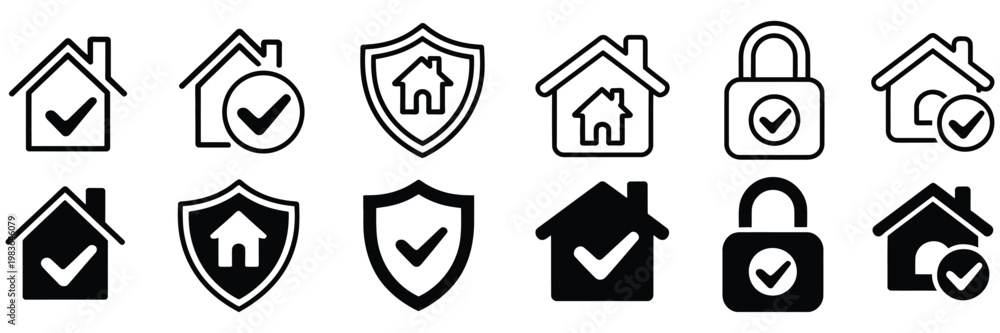 Fototapeta premium House protection icon pack, home insurance symbols, safety and security graphics, shield lock and check mark elements, real estate protection icons, secure home concept