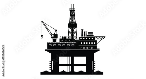 A stark black silhouette depicts an offshore oil platform with a derrick support structures and living quarters conveying industrial energy production silhouette high quality