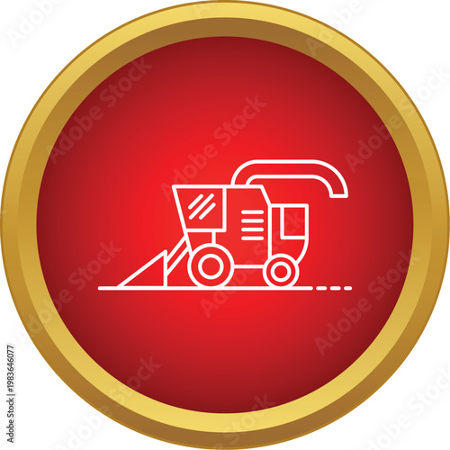 Combine harvester machine line icon symbol for farming and harvest in a red circle