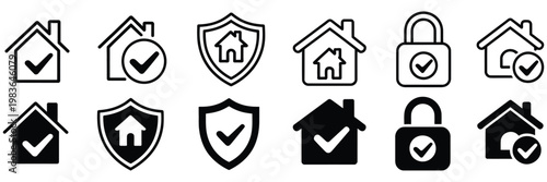 House protection icon pack, home insurance symbols, safety and security graphics, shield lock and check mark elements, real estate protection icons, secure home concept