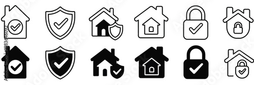 Home insurance line icons set, house protection symbols, safety security graphics, shield padlock and check mark icons, real estate protection elements