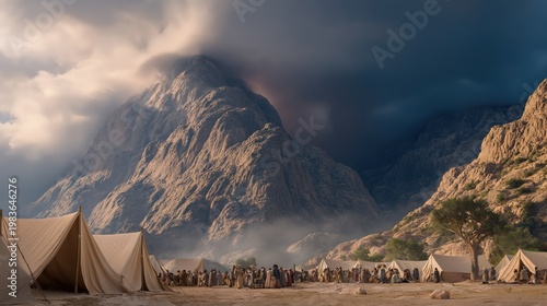 A wide dramatic scene at the base of mount sinai with the mountain shrouded in cloud and fire as the israelites stand in fear below under a darkened sky.