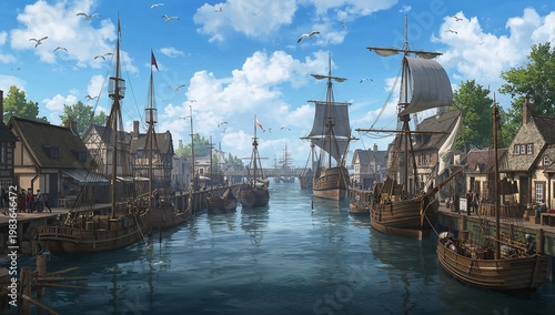 A bustling harbor view in the Middle Ages