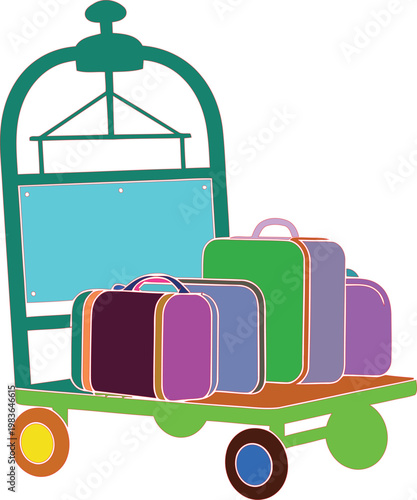 Hotel luggage cart with stacked colorful suitcases