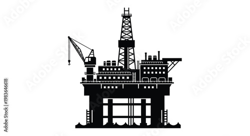 A stark black graphic depicts an offshore oil drilling platform with intricate details showcasing industrial architecture as a silhouette high quality professional detailed modern