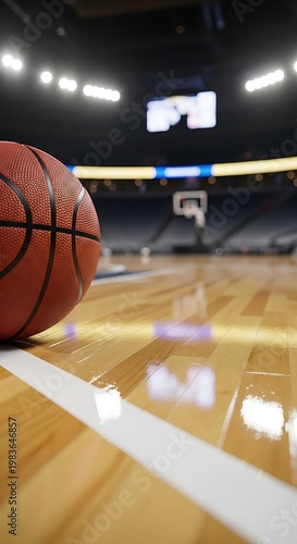 A basketball rests on a polished court, stadium lights illuminate empty seats