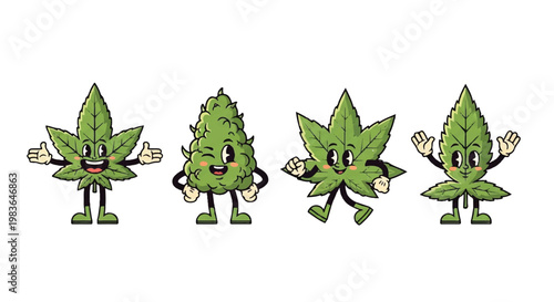 Cartoon cannabis characters in various poses isolated on white background