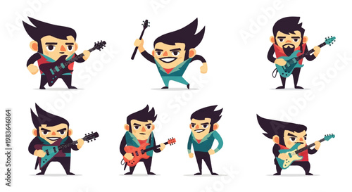 Cartoon characters with guitars and drumsticks in various poses