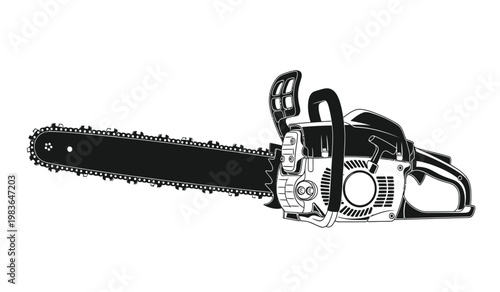A detailed illustration showcases a black chainsaw against a white background emphasizing its mechanical components and design silhouette high quality professional modern elegant stylish