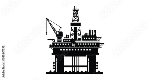 A stark black silhouette of an offshore oil drilling platform stands prominently against a white background depicting industrial infrastructure silhouette high quality professional detailed