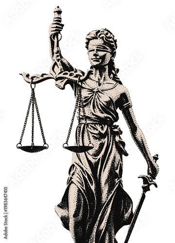 Themis Goddess of Justice Lady Statue Illustration in Retro Stippling Art Style