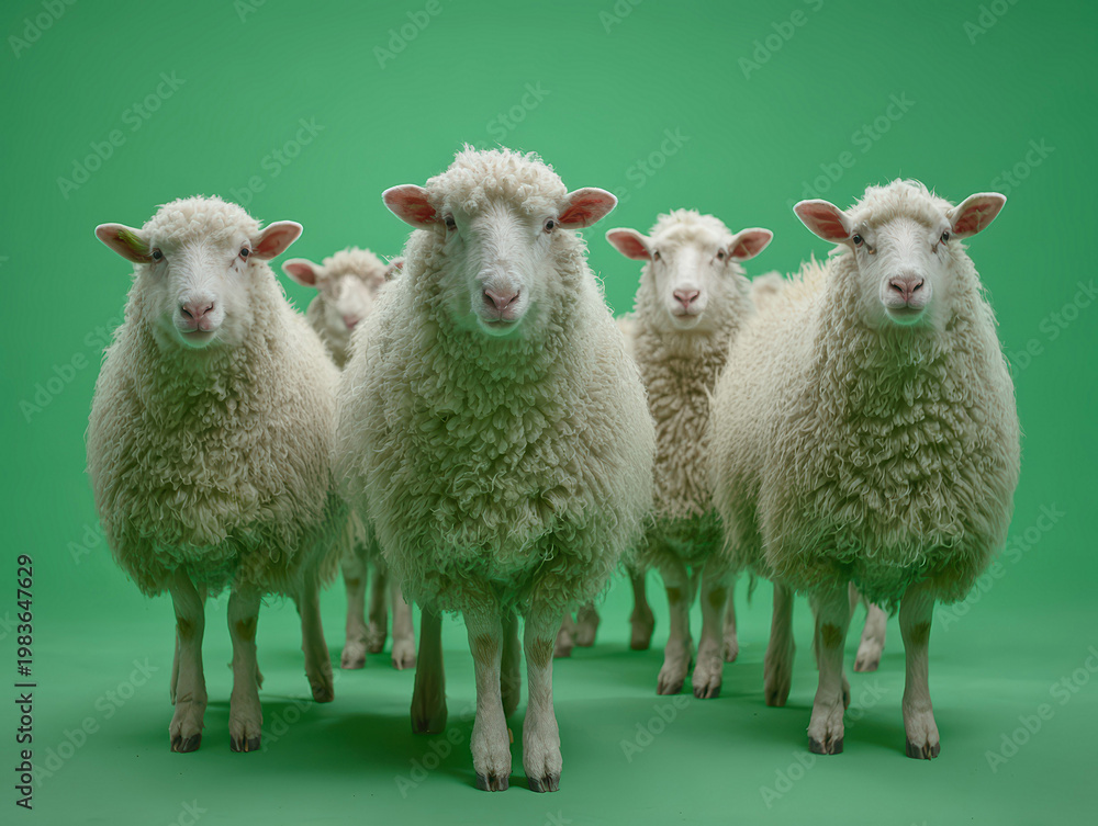 Fototapeta premium Closeup of 8 trimmed white sheep against a green background in a studio setting, even lighting - AI-Generated