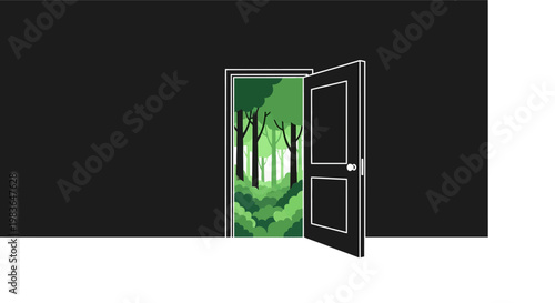 Open door to a green forest.