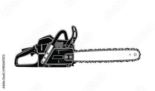 A detailed black and white illustration depicts a gasoline powered chainsaw showcasing its mechanical components and sharp blade silhouette high quality professional modern elegant