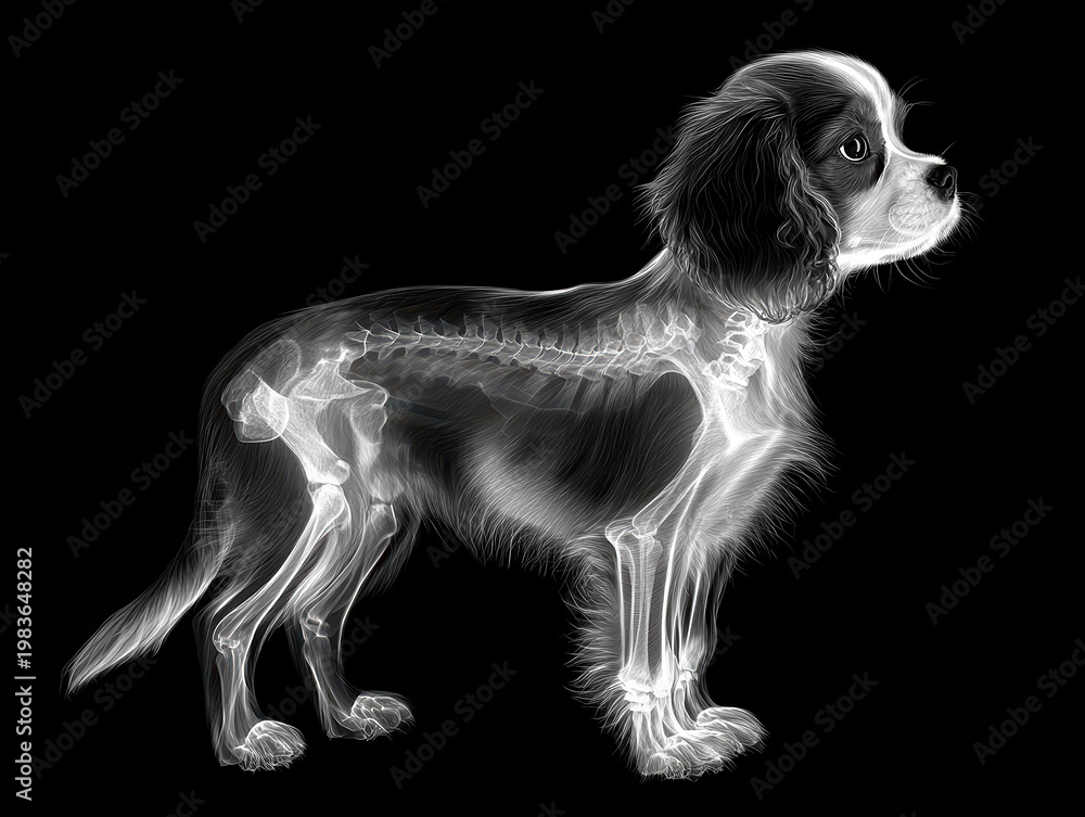 Naklejka premium X-ray image of a Cavalier King Charles Spaniel, displaying its skeleton with high contrast and translucent soft tissues - AI-Generated