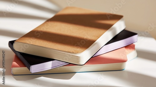 Notebooks Stacked on a Table With Natural Light Casting Shadows in a Quiet Room