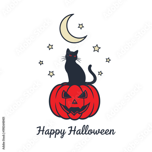 Happy Halloween black cat sitting on jack o lantern under moon cute t‑shirt design