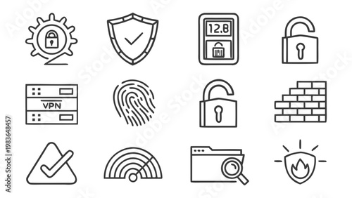 Security icons, cybersecurity symbols, lock and protection signs, web safety graphics, 12 icon set