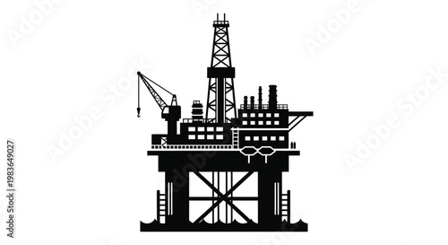 A stark depiction of an offshore oil rig rendered in solid black against a white backdrop presenting a striking silhouette high quality professional detailed