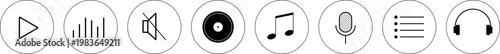 Set of 8 circular icons for audio and music interfaces. Features play button, audio waveform, mute, vinyl record, musical notes, microphone, list menu, and headphones. Flat design for apps, websites, 