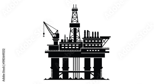 A stark black silhouette depicts an offshore oil platform with a drilling derrick and supporting structures against a white background silhouette high quality professional