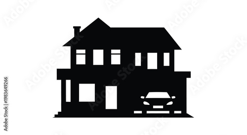 Simple black house with a car in the driveway silhouette