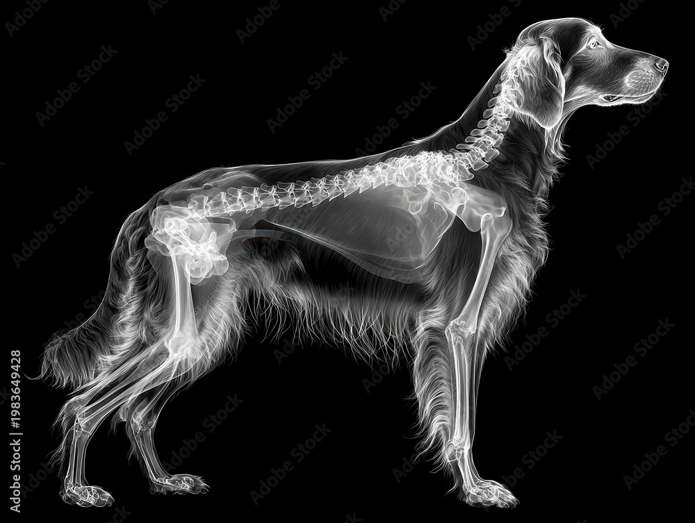 Fototapeta premium Side profile of an Irish Setter, layered with X-ray skeleton Dark coat possibly brown or black, long ears, bushy tail, and a solid background Educational style image showcasing exte - AI-Generated