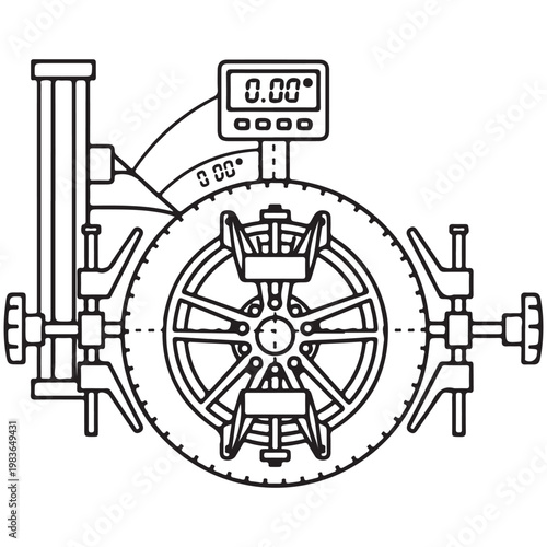 Wheel alignment machine with digital display and tire clamp vector line art illustration for automotive service
