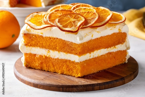 Orange Cake With Cream Layers and Dried Orange Slices on a Wooden Board