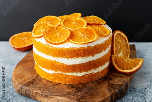 Sweet Orange Cake With Layers of Cream and Fresh Orange Slices Placed on a Wo...