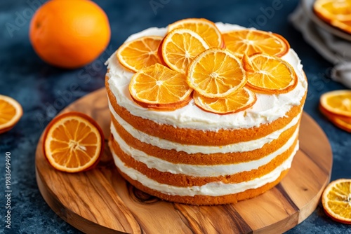 Orange Cake With Cream Layers and Dried Orange Slices on a Wooden Board