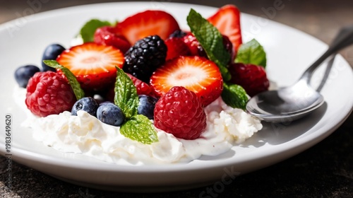 Fresh Fruit Bowl With Yogurt Served on a White Plate Featuring Berries and Mi...