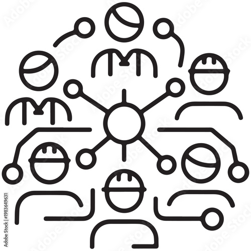Professional network and teamwork concept vector illustration featuring minimalist line art icons of engineers and connected people in a circular arrangement