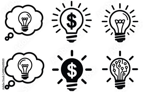 Foto Lightbulb finance icon pack, idea and profit symbols, startup strategy graphics,
