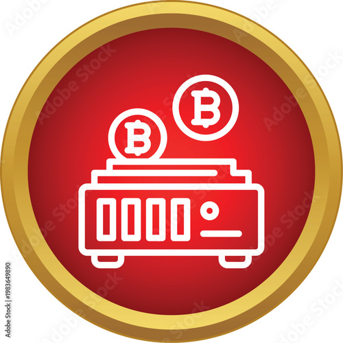 Bitcoin mining hardware producing cryptocurrency tokens in a red circle icon